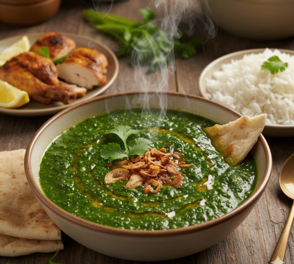 Molokhia, a green Egyptian soup served with rice and lemon